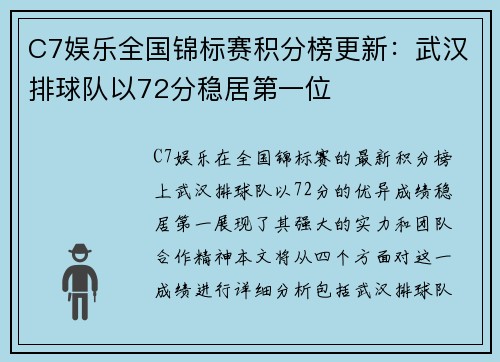 C7娱乐全国锦标赛积分榜更新：武汉排球队以72分稳居第一位