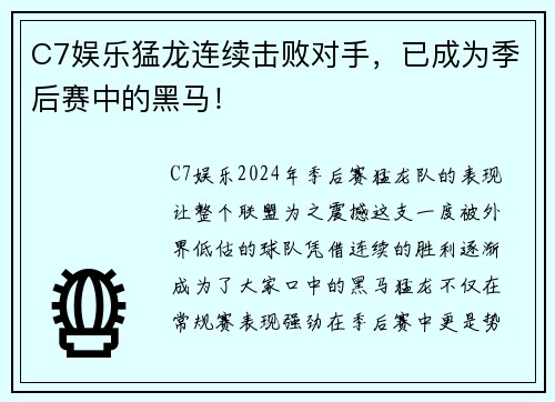 C7娱乐猛龙连续击败对手，已成为季后赛中的黑马！